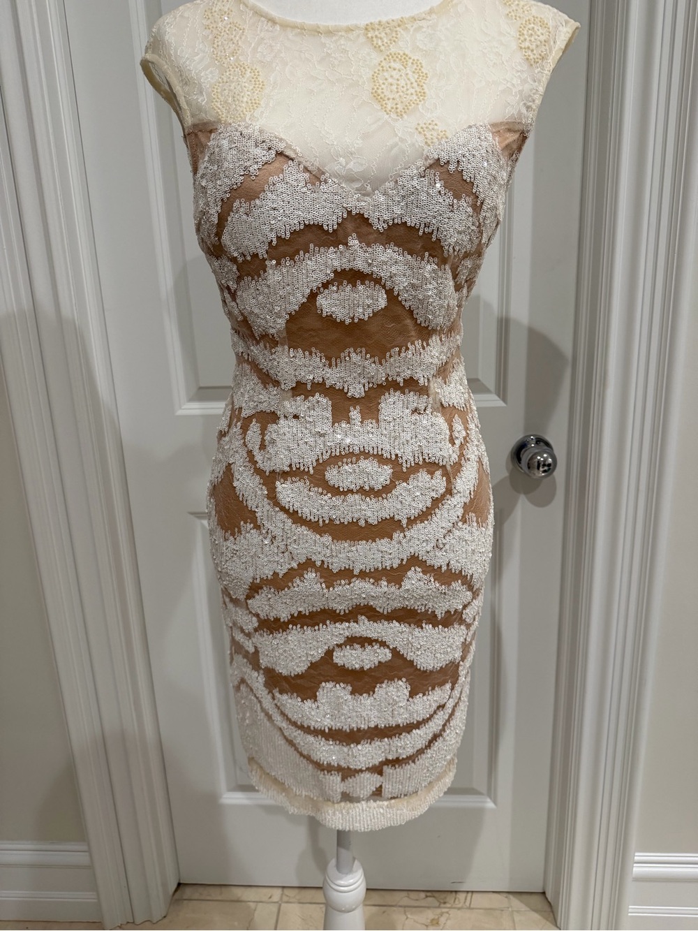Alberto Makali Ivory and Nude Beaded Sheath Dress
